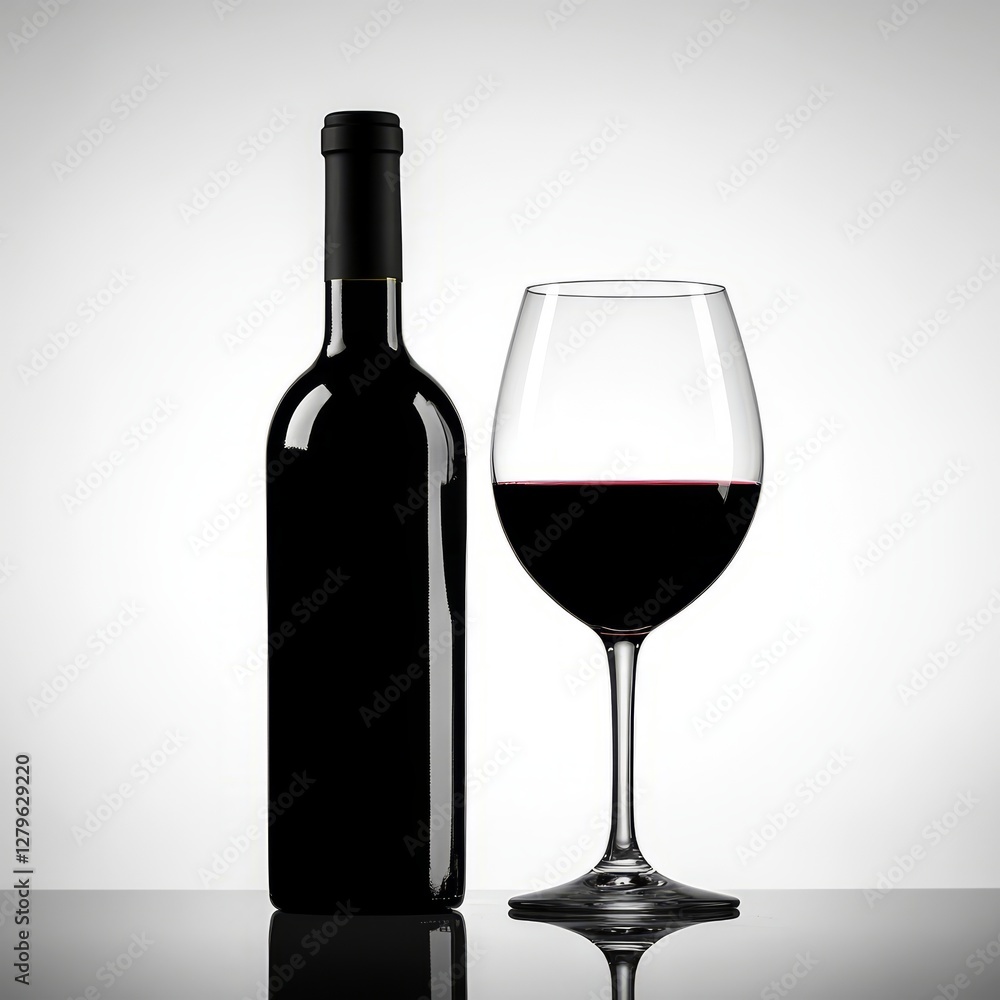 Elegant Wine Presentation: Bottle and Glass of Red Wine on Reflective Surface Elegant Wine Presentation: Bottle and Glass of Red Wine on Reflective Surface