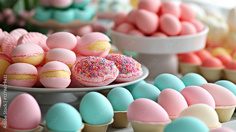 In the serene light of Easter morning, a table is elegantly set with a spring bouquet and various Easter eggs In the serene light of Easter morning, a table is elegantly set with a spring bouquet and various Easter eggs