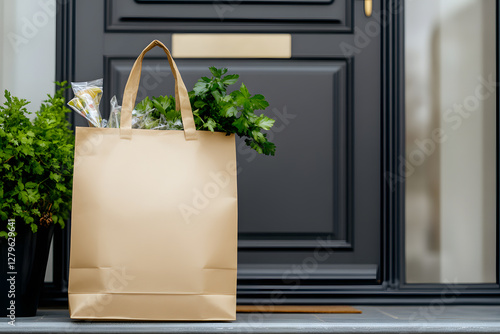 Grocery delivery service drops off fresh produce and essentials at a modern front door. Contactless shopping makes life easier and safer than ever. #freshfood