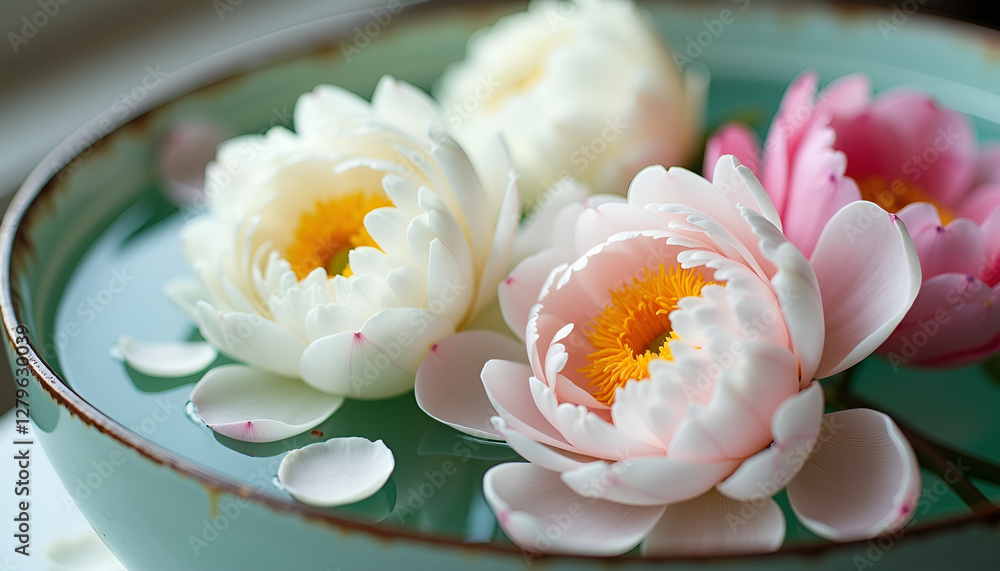 Floating lotus flowers in serene water, Peony Flowers, Seasonal flower bloom Floating lotus flowers in serene water, Peony Flowers, Seasonal flower bloom