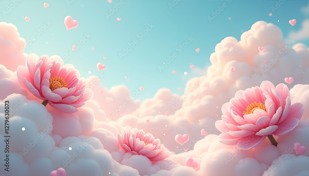 Dreamy pink flowers floating in pastel clouds, Peony Flowers, Seasonal flower bloom Dreamy pink flowers floating in pastel clouds, Peony Flowers, Seasonal flower bloom