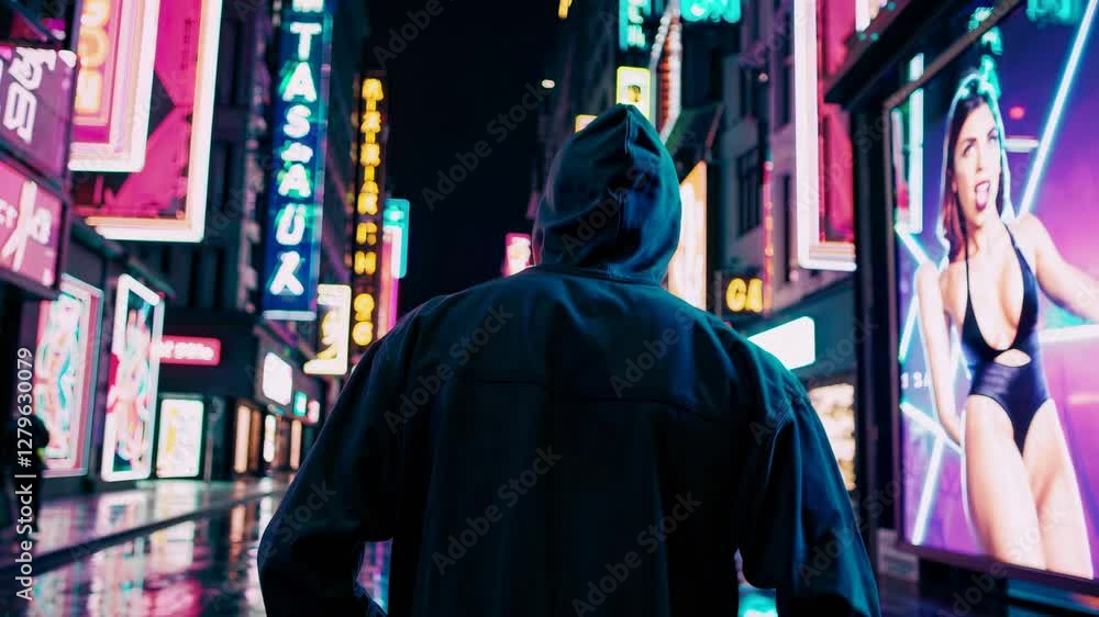 A video still of a hooded figure in a neon-lit cityscape at night, captured from a side angle, showcasing vibrant, futuristic urban style. A video still of a hooded figure in a neon-lit cityscape at night, captured from a side angle, showcasing vibrant, futuristic urban style.