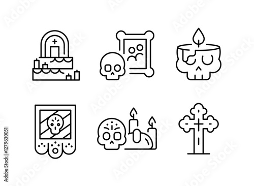 Dia de Muertos icons. Set of 6 for Day of the Dead-themed trendy minimal icons. Sugar Skull, Marigold Flower, Cross, Skull Candle icon. Design signs for web pages, apps. Vector illustration