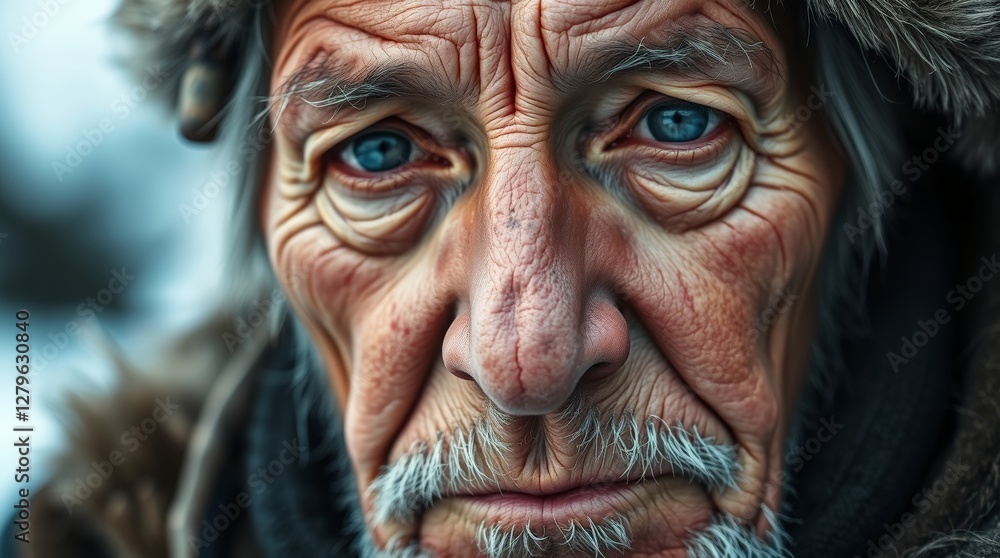 Close-up of an elderly Eskimo man with a weathered face and serene expression Close-up of an elderly Eskimo man with a weathered face and serene expression