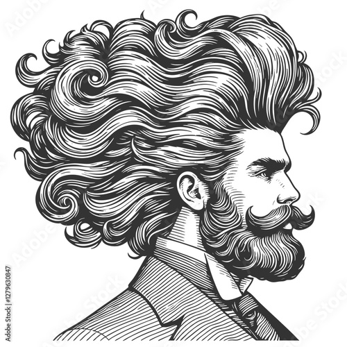 gentleman with an incredibly large, curly hairstyle, blending humor, surrealism, and vintage artistic style sketch engraving generative ai vector illustration. Scratch board. Black and white image.