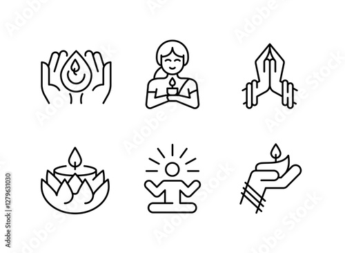 Diwali icons. Set of 6 Diwali-themed trendy minimal icons. Example: Diya Lamp, Om, Ganesha, Lotus Flower icon. Design signs for web page, mobile app, packaging design. Vector illustration