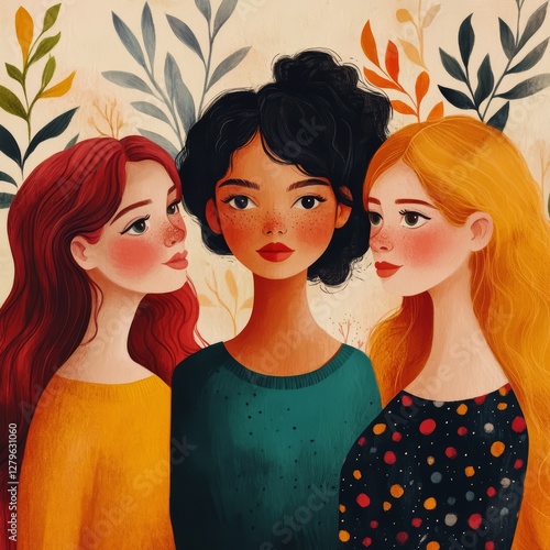 Diverse Women with Abstract Leaves Colorful Illustration