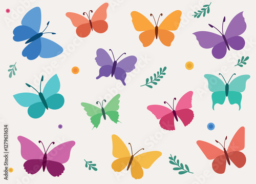 Set of colorful butterflies with simple, solid-colored wings and minimalistic design. Each butterfly has a unique shape and vibrant tones, representing diversity in form. Clean and modern flat