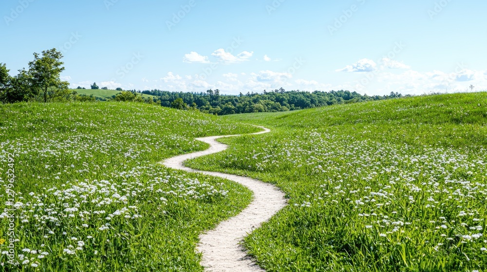 Fototapeta premium Winding path through flowered meadow, hills background, sunny day, nature scene