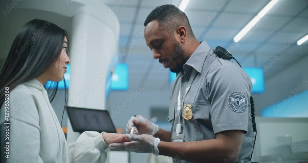 Airport Terminal: African American Security Officer Conducts TSA Hand Swab Screening with Brush to Asian Woman for Flight. ETD Procedure to Identify Traces of Explosive Materials. Medium Close Up. Airport Terminal: African American Security Officer Conducts TSA Hand Swab Screening with Brush to Asian Woman for Flight. ETD Procedure to Identify Traces of Explosive Materials. Medium Close Up.