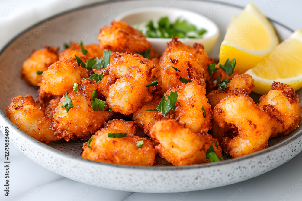 Delicious golden fried shrimp served with a creamy dipping sauce and lemon wedges, garnished with fresh parsley. Perfect as an appetizer or main course. Delicious golden fried shrimp served with a creamy dipping sauce and lemon wedges, garnished with fresh parsley. Perfect as an appetizer or main course.