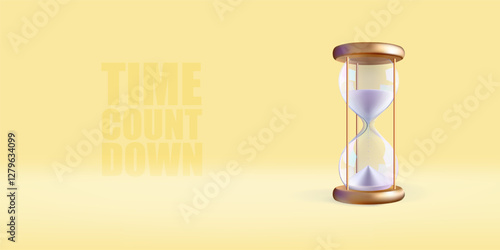 Hourglass banner template. Time countdown. Budget concept on yellow background. White sand running, glass clock. 3d watch vector render, sandglass timer. Transparent vintage old golden stopwatch.