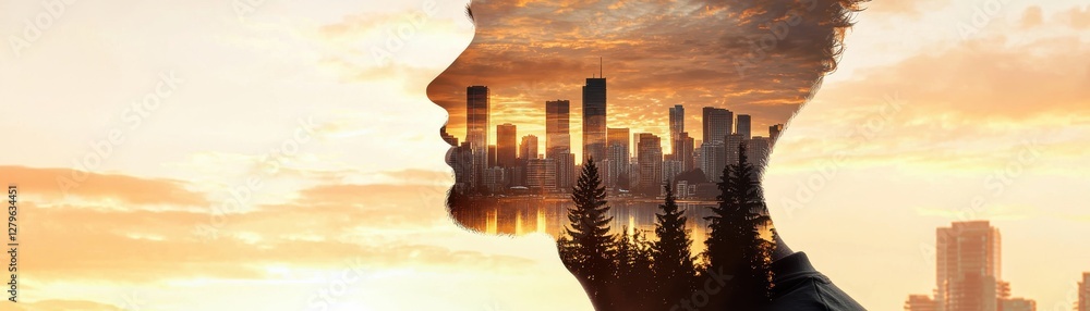 Fototapeta premium Dreamlike Double Exposure of Urban Landscape Merged with Silhouette of a Person During Sunset
