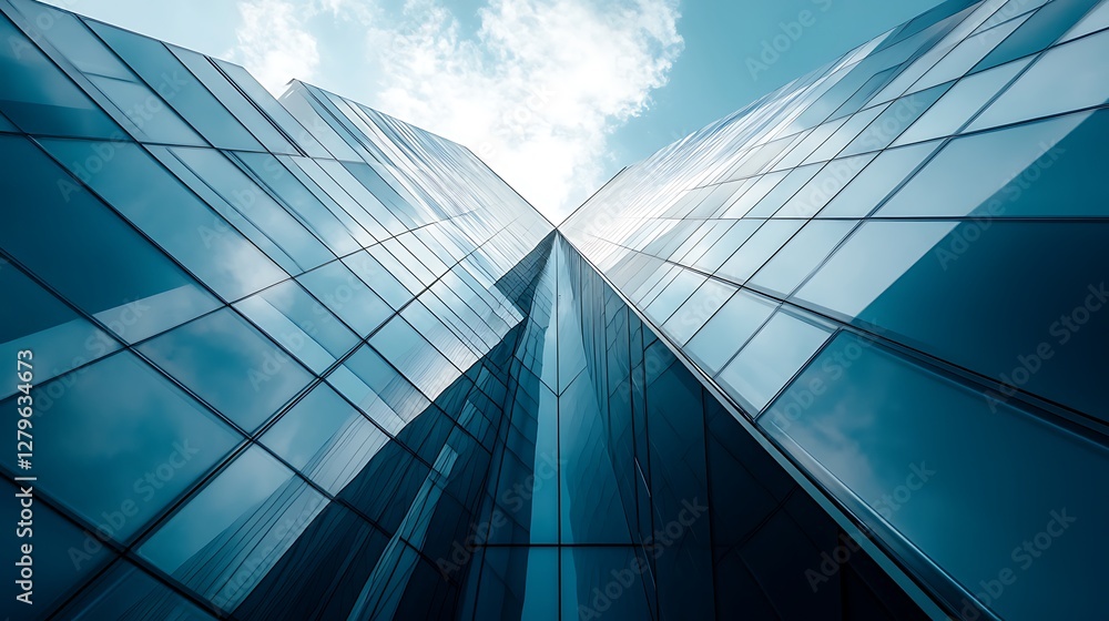Obraz premium Looking Up at Modern Glass Skyscraper Against Blue Sky and Clouds