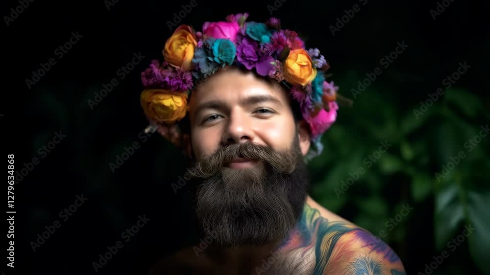 Portrait of Bearded man with crown of flowers on dark background representing diversity and lgbt community Portrait of Bearded man with crown of flowers on dark background representing diversity and lgbt community