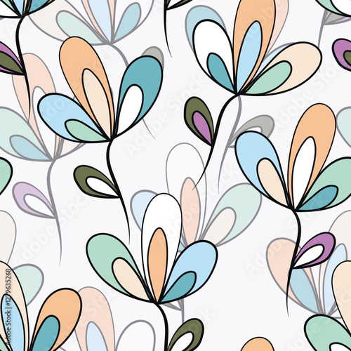Seamless floral pattern based on traditional folk art ornaments. Colorful flowers on light background. Scandinavian style. Sweden nordic style. Vector illustration. Simple minimalistic pattern.
