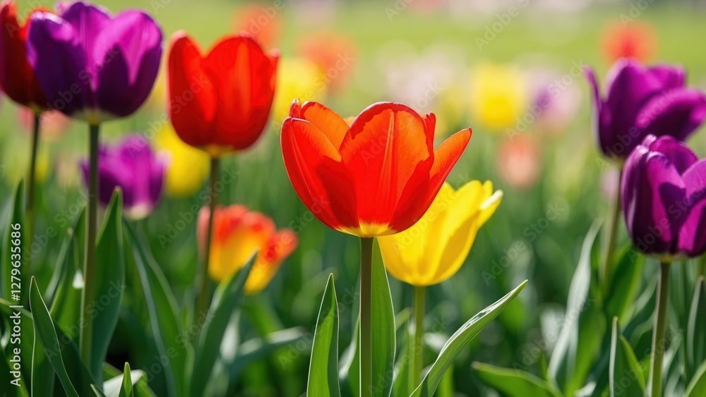 A stunning display of multicolored tulips thriving in a lush field, bathed in warm sunlight. A beautiful celebration of the freshness and joy of spring A stunning display of multicolored tulips thriving in a lush field, bathed in warm sunlight. A beautiful celebration of the freshness and joy of spring