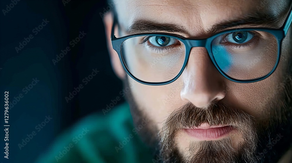 Close-up portrait of a young man with a beard, wearing glasses, serious expression, dark background. Close-up portrait of a young man with a beard, wearing glasses, serious expression, dark background.