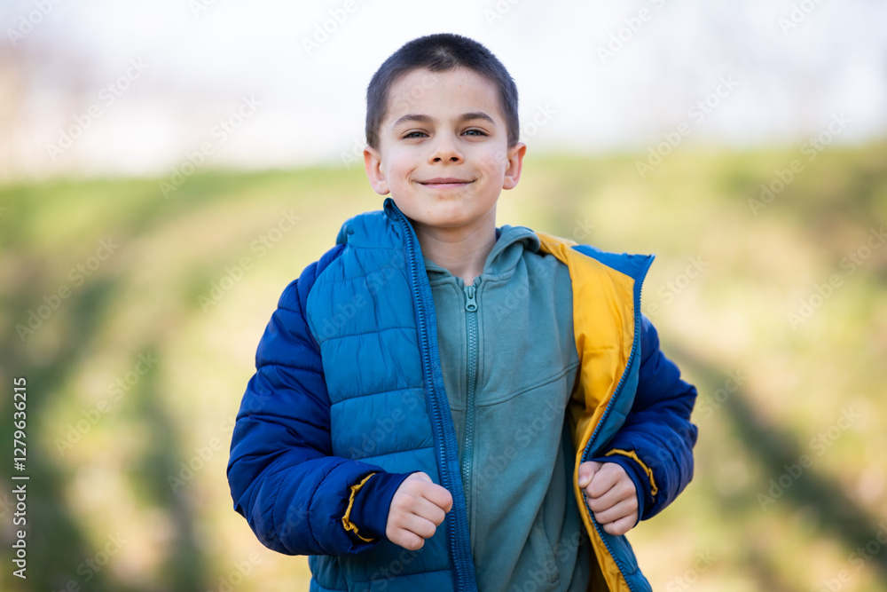 Portrait of little adorable boy walking in park