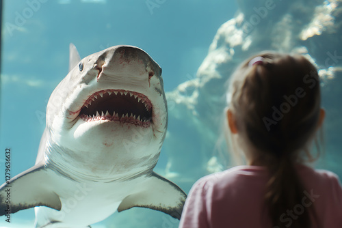 Girl faces a shark in an aquarium, captivated by the predator's imposing presence and razor-sharp teeth. An underwater encounter to remember. photo