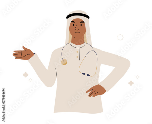 Arab Male Doctor With Stethoscope In Flat Vector Illustration Symbolizing Healthcare, Medical Profession, And Patient Care, Isolated On White Background