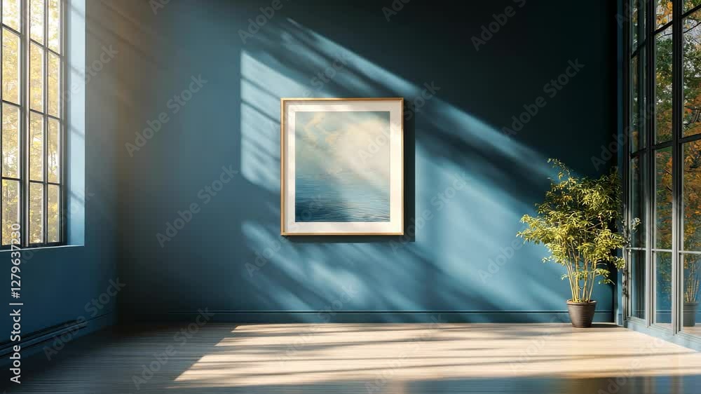 Sunlight transforms cozy room with framed art and potted plant through large windows Sunlight transforms cozy room with framed art and potted plant through large windows