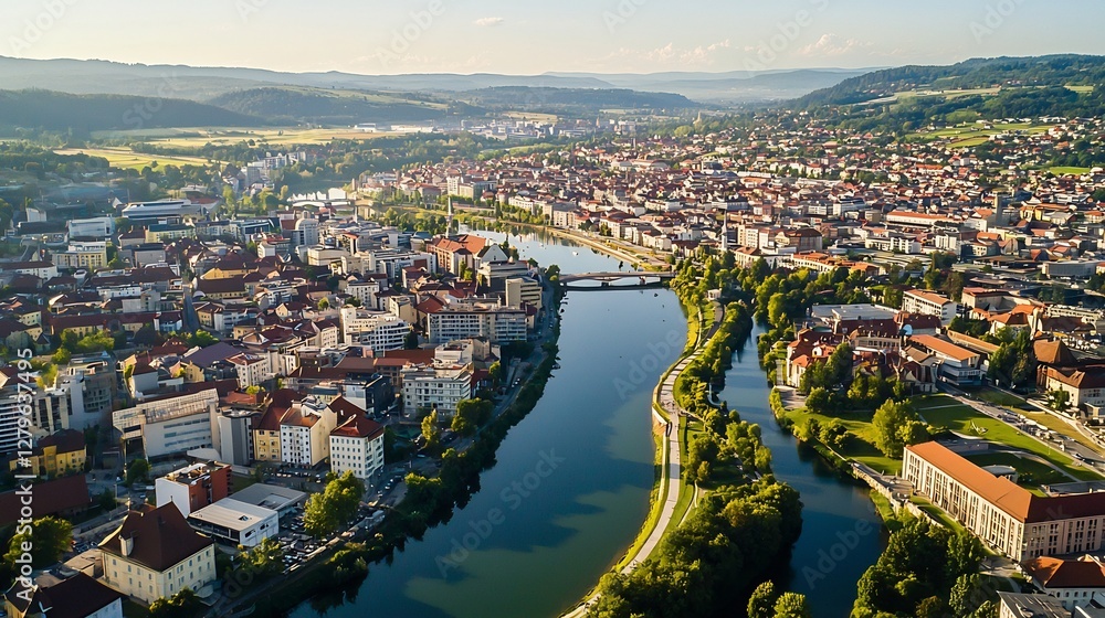 Obraz premium Aerial view of the city center along the waterway in Austria during daytime