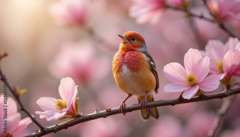 A colorful finch perched on a slender branch of a blooming dogwood tree, its cheerful song filling the springtime air A colorful finch perched on a slender branch of a blooming dogwood tree, its cheerful song filling the springtime air