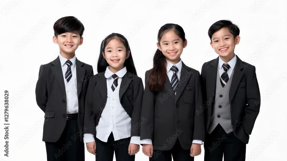 Five Korean school children in uniform over white background Five Korean school children in uniform over white background