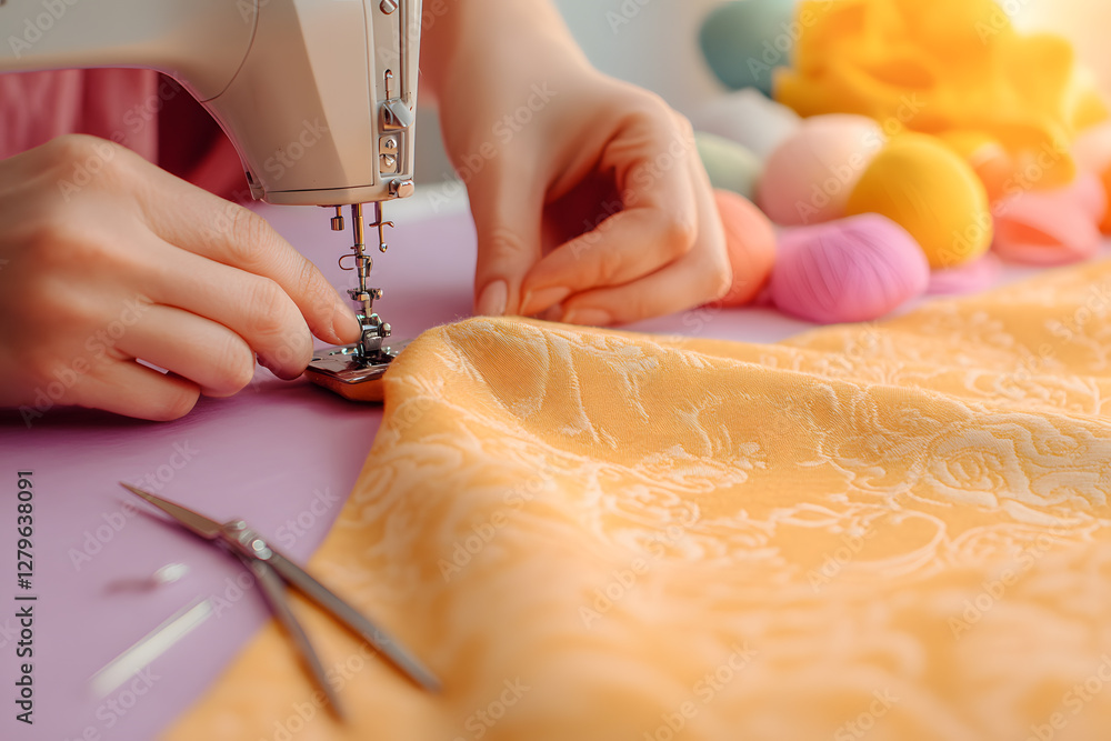 Obraz premium Crafting with care: Hands guide fabric through a sewing machine on a lilac table. Yarn and scissors add to this delightful scene.