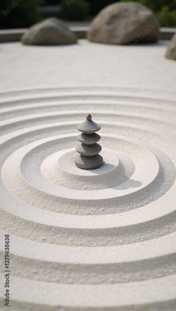 Naklejka premium Japanese Zen Garden featuring concentric circles parallel lines on textured white-sand backdrop showcasing simplicity meditative spiritual patterns