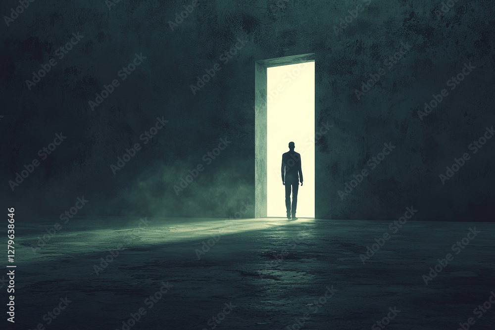 mysterious figure stands at open door, symbolizing hope and new beginnings in dark, surreal environment. light from doorway contrasts with shadows, creating emotional atmosphere mysterious figure stands at open door, symbolizing hope and new beginnings in dark, surreal environment. light from doorway contrasts with shadows, creating emotional atmosphere