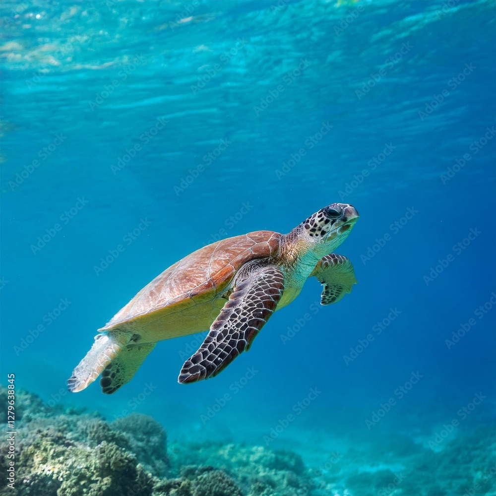 Obraz premium A majestic sea turtle gliding through transparent blue waters, symbolizing marine conservation