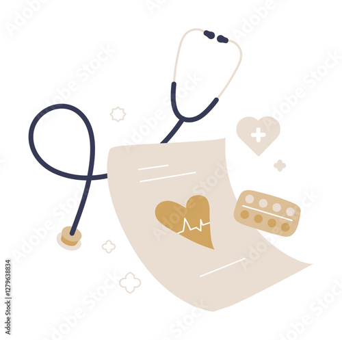 Medical Prescription With Stethoscope In Flat Vector Illustration Symbolizing Healthcare, Diagnosis, And Patient Treatment, Isolated On White Background