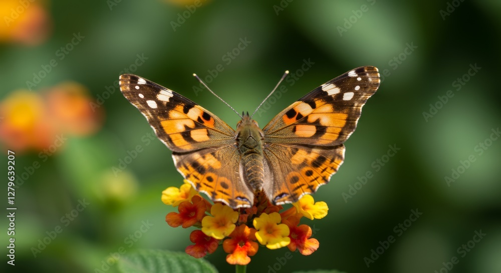 Painted Lady Butterfly Sipping Nectar from Vibrant Lantana Blossoms Painted Lady Butterfly Sipping Nectar from Vibrant Lantana Blossoms