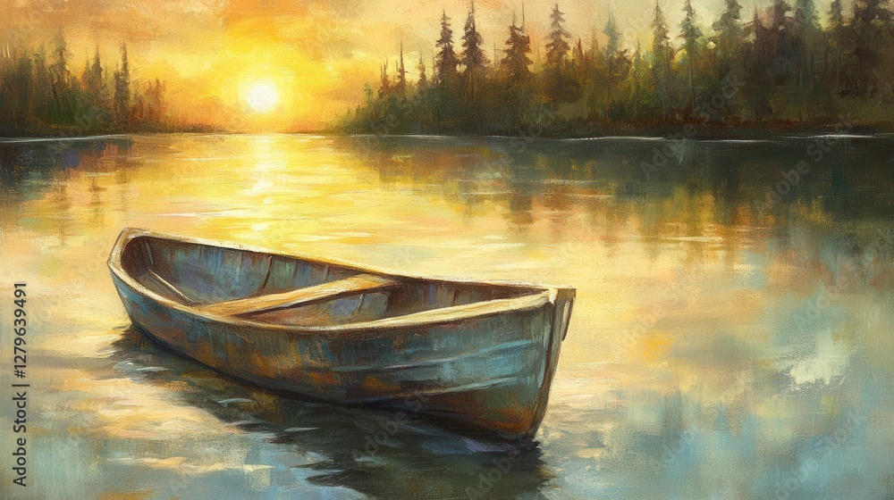 Obraz premium Serene Sunset Over Calm Water With Lonely Boat in Nature Landscape