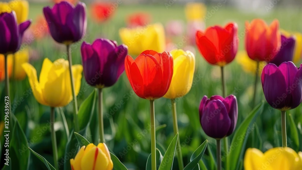 A breathtaking view of colorful tulips in full bloom, showcasing red, yellow, and purple flowers against a lush green background A breathtaking view of colorful tulips in full bloom, showcasing red, yellow, and purple flowers against a lush green background