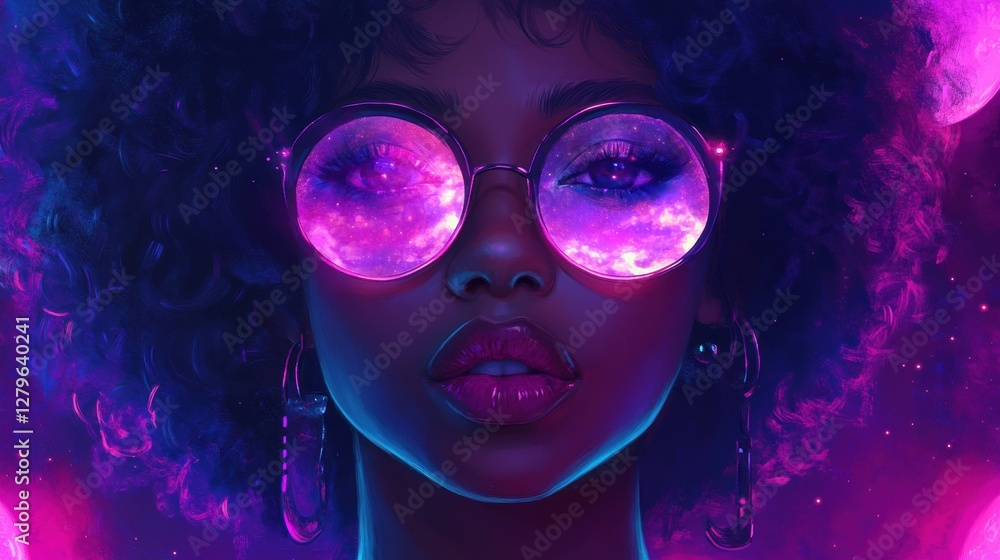 Beautiful black woman with an afro. She has a groovy 70s disco style. Bright neon background. Beautiful black woman with an afro. She has a groovy 70s disco style. Bright neon background.