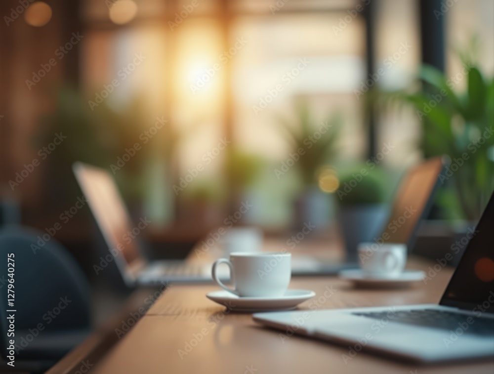 Coworking space with blurred laptops, coffee cups, and plants in warm sunlight Coworking space with blurred laptops, coffee cups, and plants in warm sunlight