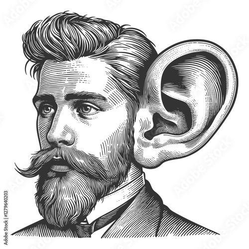 man with an exaggeratedly large ear, blending vintage portraiture with surreal and humorous artistic distortion sketch engraving generative ai vector illustration. Scratch board. Black and white image