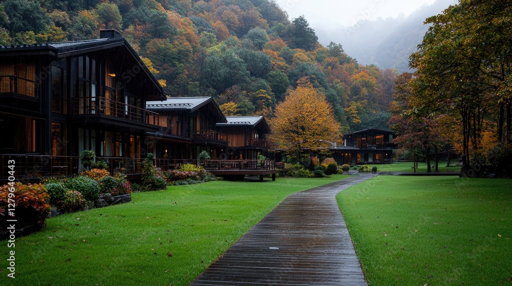 Fototapeta premium Autumnal mountain resort pathway, rain, foliage