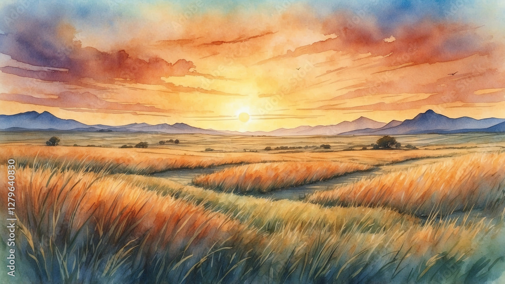 Beautiful sunset over golden fields and mountains in a watercolor landscape Beautiful sunset over golden fields and mountains in a watercolor landscape