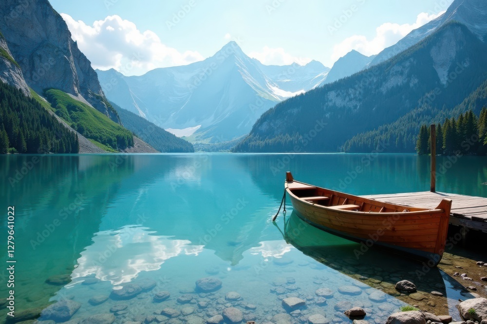 Mountain lake with small wooden boat moored at dock, scenery, natural Mountain lake with small wooden boat moored at dock, scenery, natural
