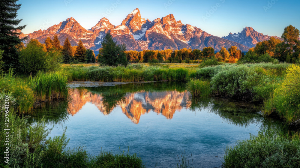 Scenic mountain landscape with towering peaks reflecting in a tranquil lake, surrounded by lush evergreen forests, vibrant autumn foliage, and a clear blue sky, perfect for travel, nature, adventure, Scenic mountain landscape with towering peaks reflecting in a tranquil lake, surrounded by lush evergreen forests, vibrant autumn foliage, and a clear blue sky, perfect for travel, nature, adventure,