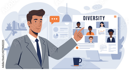 Man having virtual work meeting with multiethnic people. Minimalist flat style vector