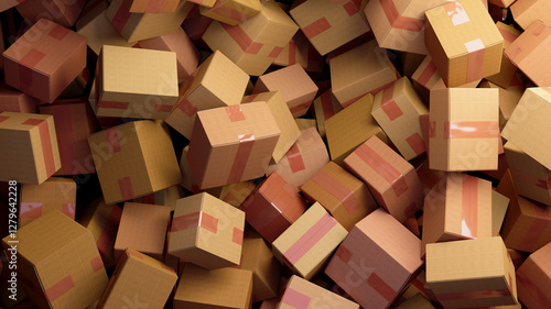 Chaotic Stacks of Cardboard Boxes with Pink Tape Accent