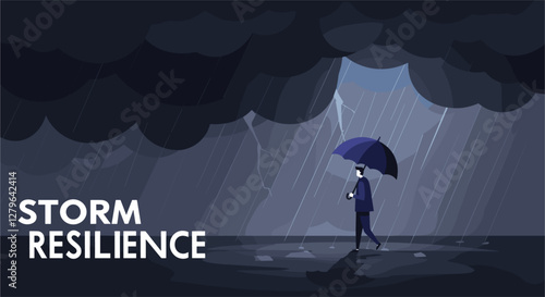 Storm resilience conceptual banner with man walking through storm with umbrella. Cartoon style vector