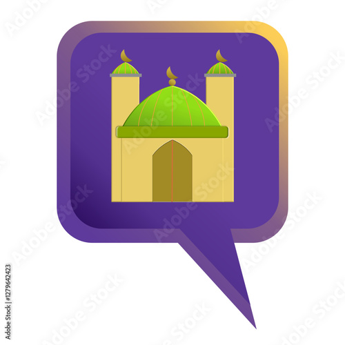 Colorful depiction of a mosque with vivid green domes enclosed within a purple speech bubble. Symbolic design suitable for Islamic themes, cultural representation, or religious icons.