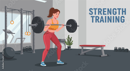 Woman doing strength training in the gym lighting weight. Minimalist flat style vector