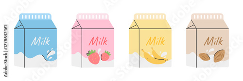 Colorful milk pack set. Strawberry, banana, almond and classic in pastel colors. Vector illustrator isolated